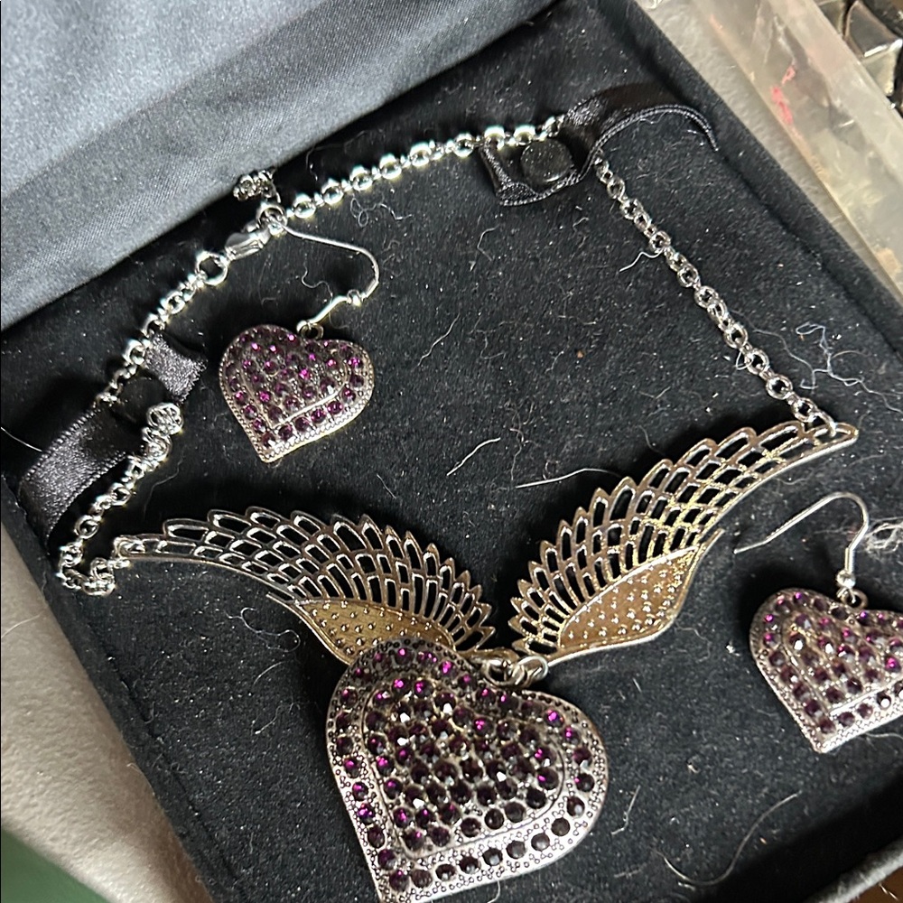 Silver and Purple Heart Wing Jewelry Set For the girls that ride